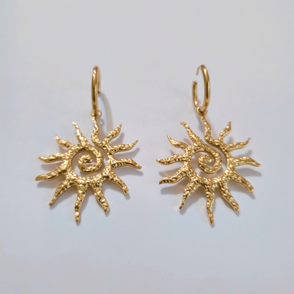 Gold Plated Stainless Steel Celestial Sunburst Spiral Textured Hoop Earrings